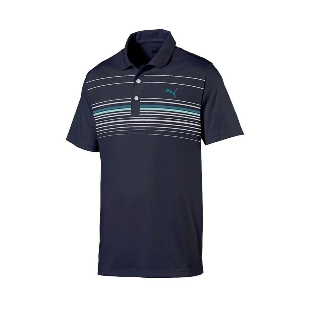 Puma Golf Mens XL Navy Blue Striped Performance Polo Shirt Valero Benefit Logo